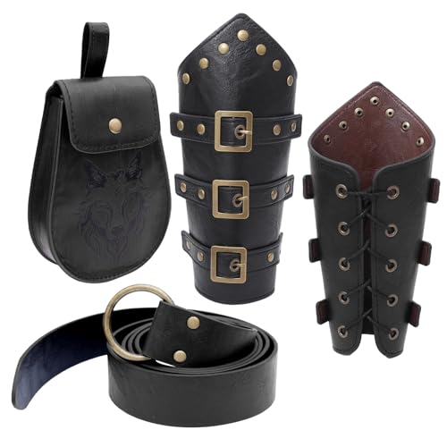 ZYKEJJDDAK Mittelalterliche Armschiene aus Leder mit Ledergürtel und Gürteltasche aus Leder, Halloween Mittelalter Kostüm für Herren von ZYKEJJDDAK