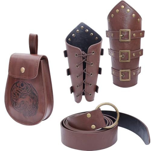 ZYKEJJDDAK Mittelalterliche Armschiene aus Leder mit Ledergürtel und Gürteltasche aus Leder, Halloween Mittelalter Kostüm für Herren von ZYKEJJDDAK