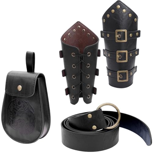 ZYKEJJDDAK Mittelalterliche Armschiene aus Leder mit Ledergürtel und Gürteltasche aus Leder, Halloween Mittelalter Kostüm für Herren von ZYKEJJDDAK