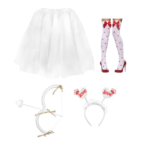ZYKEJJDDAK Valentine Day Cupids Kostüm Herz Kopf Bopper Stirnband Bögen Pfeile Tutus Rock Oberschenkel Hohe Socken für Hochzeit von ZYKEJJDDAK