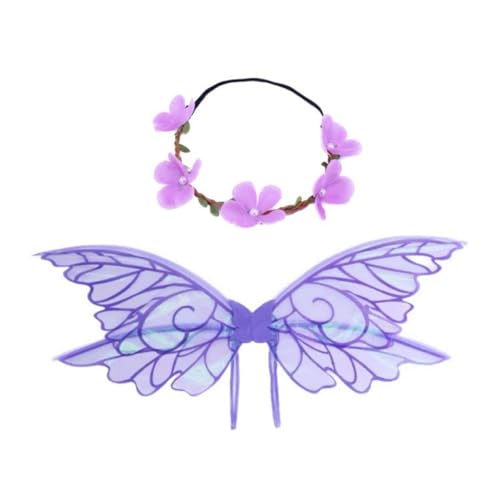 ZYKEJJDDAK Zauberhafte Elfen Schmetterlingsflügel und Blumen Stirnband Set Dress Up Foto Requisiten Halloween Cosplay Kostüm von ZYKEJJDDAK