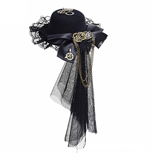 Unisex Steampunk-Hut, Halloween-Kostüm-Hut, schwarz, Gothic, mit Spitzenrüschen und Ausrüstung, für Männer und Frauen, verkleidete Hüte für Damen, viktorianische und Zahnradkette, Spitze, Schleife von ZYMIADOU