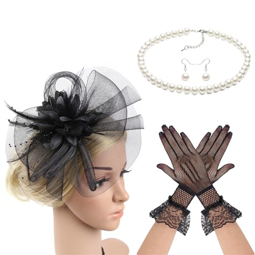 ZYMIADOU Damen-Derby-Hut-Fascinator mit Halsschmuck, Ohrringen, Handschuhen für Cocktails, besondere Anlässe, Rollenspiel-Zubehör, Pferderennen, Festival, Haarschmuck von ZYMIADOU