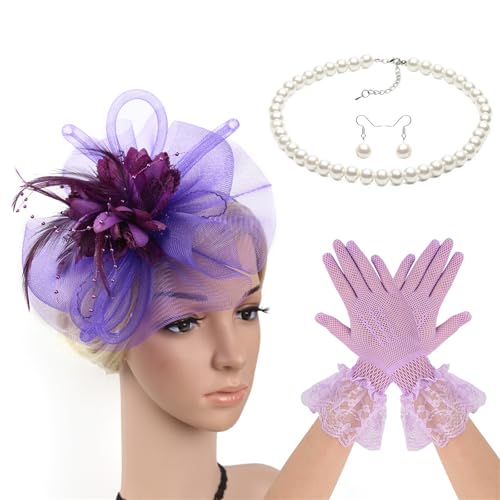ZYMIADOU Damen-Derby-Hut-Fascinator mit Halsschmuck, Ohrringen, Handschuhen für Cocktails, besondere Anlässe, Rollenspiel-Zubehör, Pferderennen, Festival, Haarschmuck von ZYMIADOU