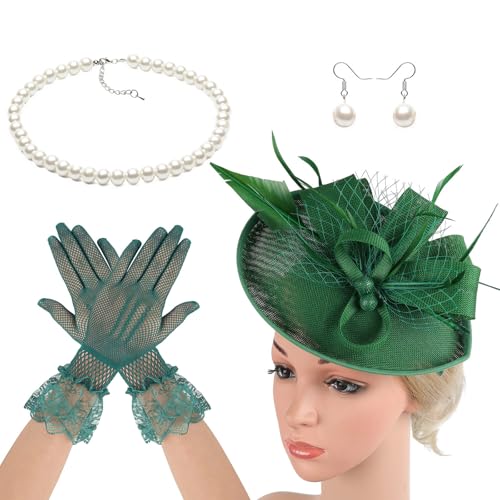 ZYMIADOU Fascinator aus Netzstoff, mit Halskette, Handschuhen für Cocktails, Events, Verkleidungen, 20er Jahre, Flapper-Kostüm, Zubehör, Kostüm, Kopfbedeckung für Damen von ZYMIADOU