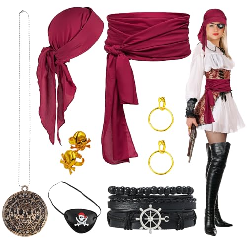 ZYNERY 7 Stück Piratenkostüm Accessoires, Piraten Accessoires Damen Herren mit Augenklappe Pirat Gürtel Kopftuch Armband Halskette Ring Ohrringe für Karneval Halloween Cosplay von ZYNERY