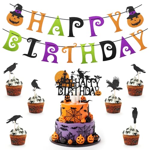 ZYNERY 8 Stück Tortendeko Halloween Kuchendeko mit Happy Birthday Girlande Kürbis Schloss Hexe Besen Cake Topper Crow Cupcake Dekoration für Geburtstage Halloween Partys ZYNERY 8 Stück Tortendeko Halloween Kuchendeko mit Happy Birthday Girlande Kürbis Schloss Hexe Besen Cake Topper Crow Cupcake Dekoration für Geburtstage Halloween Partys von ZYNERY