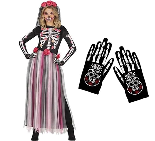 ZZ DISFRAZZES | Catrina Kostüm für Damen mit Zubehör – mexikanisches Skelett mit Handschuhen für Erwachsene für Halloween (Größe M) von ZZ DISFRAZZES