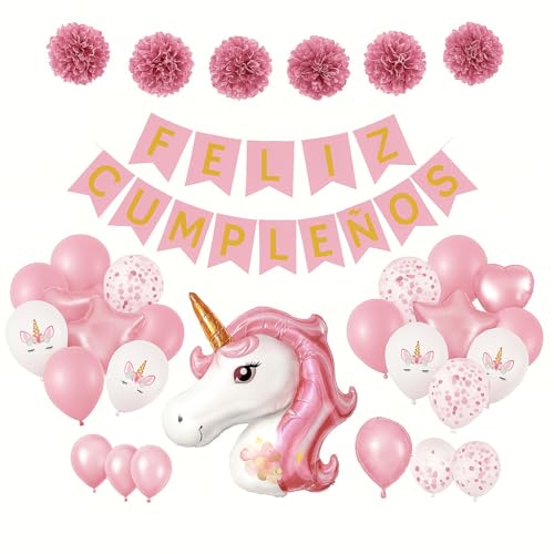 ZZ DISFRAZZES Geburtstagsballons für Mädchen, Set mit 26 Einhorn-Luftballons mit Girlande "Happy Birthday", Deko-Set für Kinderparty (Einhörner) von ZZ DISFRAZZES