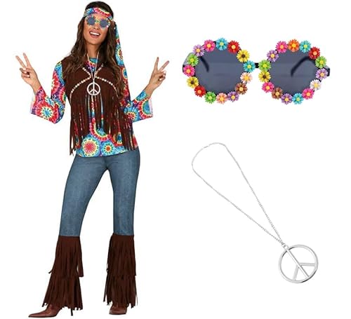 ZZ DISFRAZZES Hippie-Kostüm für Damen, 70er-Jahre, Hippie-Kostüm für Erwachsene, Karneval, Hippie-Set, 70er-Jahre, mit Zubehör für Karneval (Größe L) von ZZ DISFRAZZES
