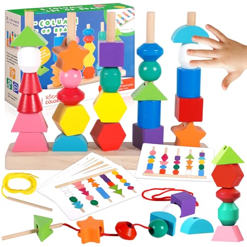 ZZQVIP Buntes Montessori Spielzeug ab 3 4 5 6 7 8 9+ Jahre, 2-in-1 Holzspielzeug Fädelspiel Stapelspiel, Sortierspiel, Motorikspielzeug mit Karten, Feinmotorik, Geschenk für Junge Mädchen und Kinder von ZZQVIP
