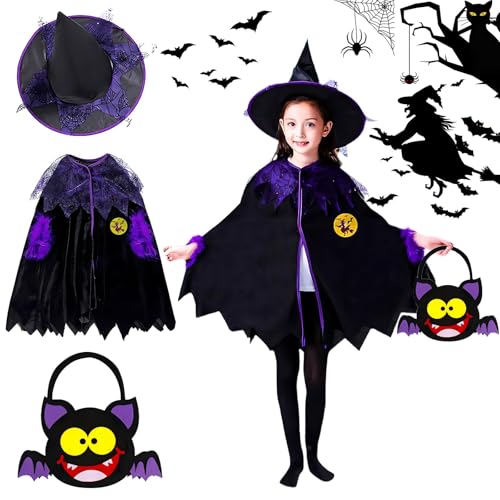 ZZQVIP Hexenkostüm Kinder 3-teilig – Halloween Kostüm Mädchen mit Umhang, Hexenhut & Fledermaus-Tasche, Hexenkostüm Mädchen Kinder für Halloween Partys, Karneval & Trick or Treat (90–140 cm) von ZZQVIP