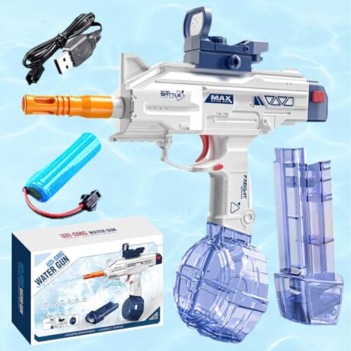 ZZQVIP USB-Rechargeable, High-Capacity Wasserpistole Elektrisch, Wasserspritzpistole Kinder mit Visier und Schalldämpfer, Automatische, Doppelmagazin Große Kapazität, für Sommer, Pool (Blau) von ZZQVIP