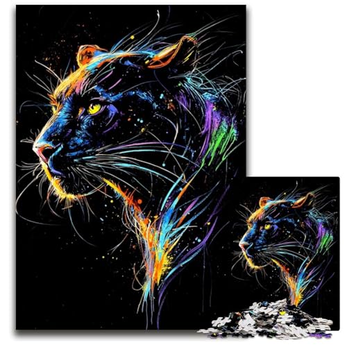 1000-teiliges Puzzle „EIN majestätisches Neonporträt des schwarzen Panthers schwierige Puzzles für Erwachsene perfekte Dekoration für Zuhause oder das Büro 1000 Teile (75 x 50 cm) von ZZQWIPEIS