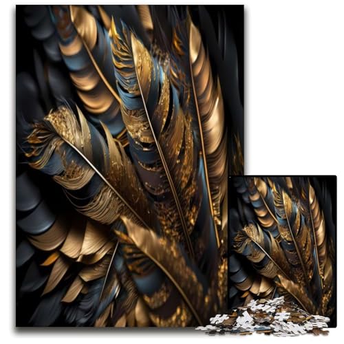 1000-teiliges Puzzle abstrakte Federn Gold Holzpuzzle für Erwachsene Weihnachten Halloween Ostern Neujahr 1000 PCS (75 x 50 cm) von ZZQWIPEIS