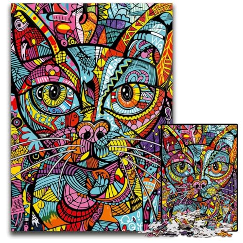 Abstraktes Katzenporträt-Puzzle 1000 Teile für Erwachsene Papierpuzzle DIY-Dekoration Gehirn-Herausforderung für Erwachsene Familienurlaubsgeschenk 1000 PCS (38 x 26 cm) von ZZQWIPEIS