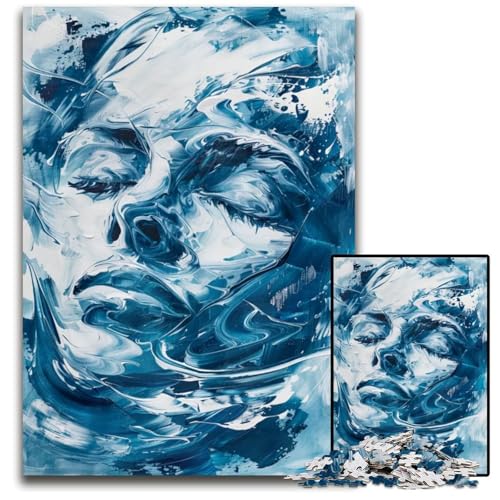 Abstraktes blau-weißes Porträt 1000 Teile Puzzle für Erwachsene anspruchsvolle Puzzles anspruchsvolle Denksportaufgabe entspannendes Spielzeug für Teenager 1000 Teile (75 x 50 cm) von ZZQWIPEIS