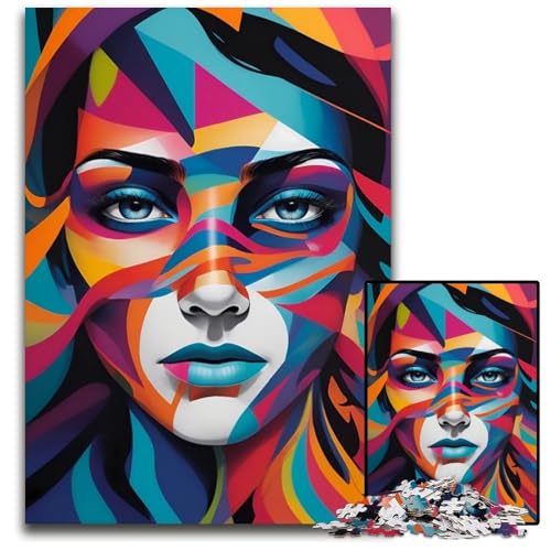 Abstraktes farbenfrohes Frauenporträt 1000-teiliges Puzzle Holzpuzzle anspruchsvolles Denkspiel für Teenager Spaß am Familienspielabend 1000 Teile (75 x 50 cm) von ZZQWIPEIS