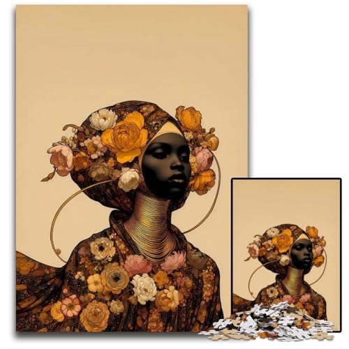 Afro-Blumenporträt Einer Frau Puzzle 1000 Teile für Erwachsene Holzpuzzle für Erwachsene Entspannung und Herausforderung farbenfrohe Heimdekoration Kunst Freunde 1000 Teile (75 x 50 cm) von ZZQWIPEIS