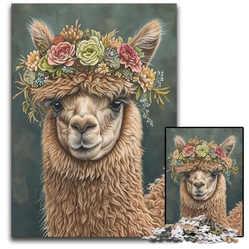 Alpaka-Blumenkranz 1000-teiliges Puzzle Holzpuzzle anspruchsvolles Denkspiel für Teenager Spaß am Familienspielabend 1000 Teile (75 x 50 cm) von ZZQWIPEIS