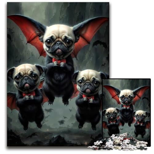 Bezaubernde Mops-Vampire-Puzzles für Erwachsene 1000 Teile Holzpuzzle anspruchsvolles Denkspiel für Teenager unterhaltsames interaktives Spiel für die ganze Familie 1000 Teile (75 x 50 cm) von ZZQWIPEIS