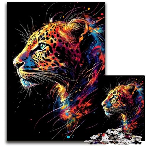 EIN majestätisches Leoparden-Neonporträt Puzzle mit 1000 Teilen für Erwachsene Puzzle für Erwachsene Familie und Freunde geeignet für alle Altersgruppen 1000 Teile (75 x 50 cm) von ZZQWIPEIS