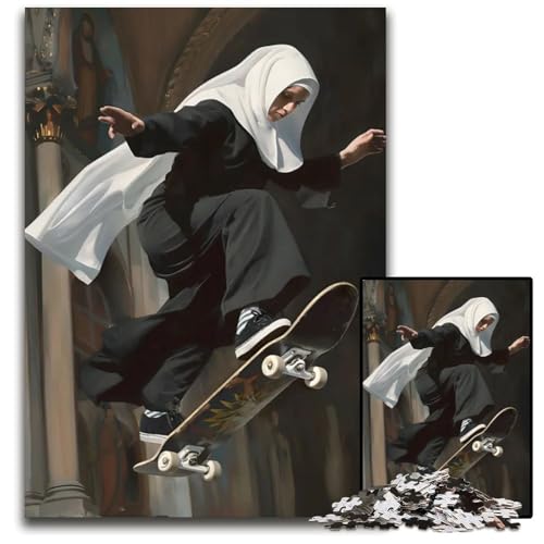 Eine Nonne auf einem Skateboard 1000-teiliges Puzzle für Erwachsene Papierpuzzle für Erwachsene perfekt als Geburtstags- Weihnachts 1000 Teile (38 x 26 cm) von ZZQWIPEIS