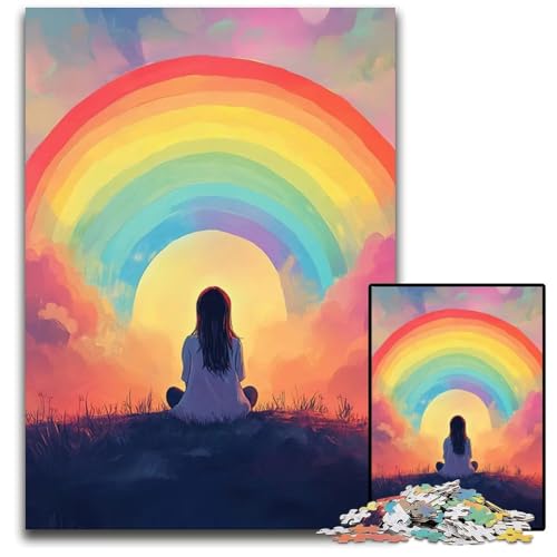 Puzzle für Erwachsene 1000 Teile „EIN Mädchen das einen Regenbogen betrachtet Holzpuzzle perfekt für Familienspaß Partyspiele Geburtstagspartygeschenke 1000 Teile (75 x 50 cm) von ZZQWIPEIS