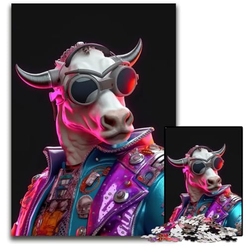 Puzzle mit 1000 Teilen eine Anthropomorphe DJ-Kuh Holzpuzzle anspruchsvolles DIY-Denkspiel perfektes Familienspiel oder dekoratives Geschenk 1000 Teile (75 x 50 cm) von ZZQWIPEIS