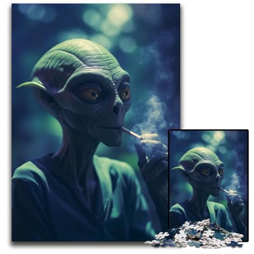 Puzzle mit 1000 Teilen für Erwachsene Alien-Raucher-Puzzle aus Holz Denksportaufgabe und Heimdekoration 1000 Teile (75 x 50 cm) von ZZQWIPEIS