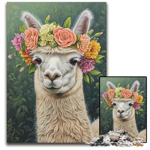 Puzzle mit 1000 Teilen für Erwachsene Alpaka-Blumenkranz Holzpuzzle Denksportaufgabe und Heimdekoration 1000 Teile (75 x 50 cm) von ZZQWIPEIS