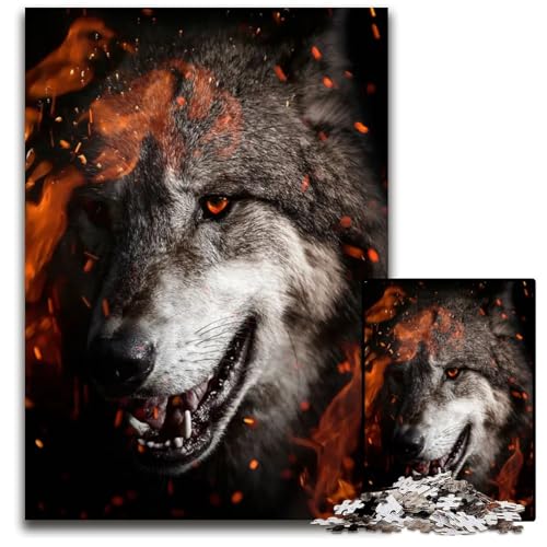 Puzzle mit 1000 Teilen für Erwachsene Motiv: Wütender Wolf auf Feuer Holzpuzzle Denksportaufgabe und Heimdekoration 1000 Teile (75 x 50 cm) von ZZQWIPEIS
