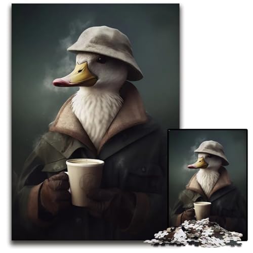 Tier im Anzug Ente Kaffee Puzzle für Erwachsene 1000 Teile Holzpuzzle Familienaktivität Denksportaufgabe Heimdekoration 1000 PCS (75 x 50 cm) von ZZQWIPEIS