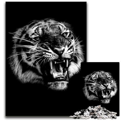 Wütender Wilder Tigerkopf Puzzle 1000 Teile für Erwachsene Holzpuzzle für Erwachsene Entspannung und Herausforderung farbenfrohe Heimdekoration Kunst Freunde 1000 Teile (75 x 50 cm) von ZZQWIPEIS