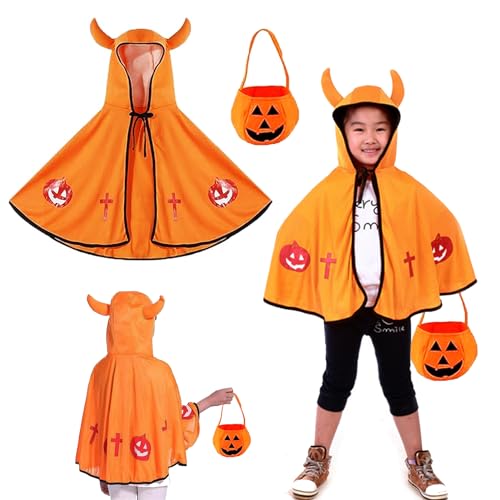 ZZRSYJ Kinder Halloween Kostüm, Kinder Teufelkostüm,Teufel Umhang,Umhang Cape mit Ox Horn Mit Kapuze Mantel,Kürbis Candy Bag, für Cosplay Verkleidung Fasching Karneval Halloween. (Orange) von ZZRSYJ