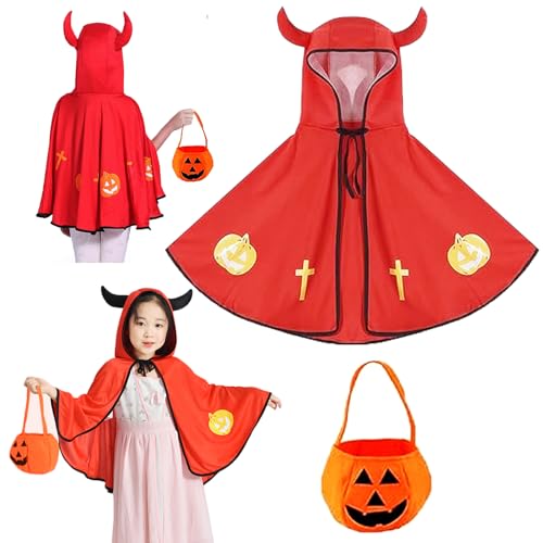 ZZRSYJ Kinder Halloween Kostüm, Kinder Teufelkostüm,Teufel Umhang,Umhang Cape mit Ox Horn Mit Kapuze Mantel,Kürbis Candy Bag, für Cosplay Verkleidung Fasching Karneval Halloween. (Rot) von ZZRSYJ