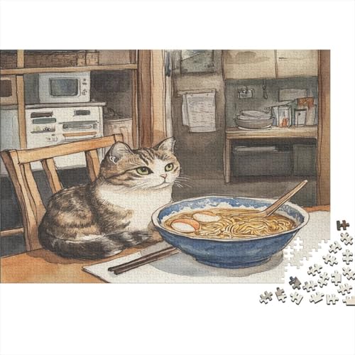 Marts4766_a_cat_Next_to_Bowl_of_Ramen_in_a_Cozy_Room_Watercolor_6f8f3476-bad6-4ffd-b69b-0ab1f7bec1a51000-Stücke des Erwachsenenpuzzlespiels, Erwachsenen-Spaß-Puzzlespiel, 1000-Stücke des Hochwertigen von ZZVRMCYLD