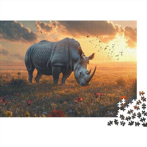 Rhinoceros on The Grassland1000-Stücke Von Erwachsenen- Und Kinderspielzeug,Oil Painting Style Puzzle-Spiele, Erwachsene Und Kinder Pädagogische Spiele, Stresslindernde Wohndekorationspuzzles, 1000-St von ZZVRMCYLD