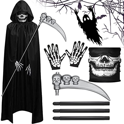 ZZXLOPEZ Sensenmann Kostüm, Halloween Kostüm Sensemann, 4-Teiliges Tod Kostüm Set mit Schädelmaske, Sense, Skelett Handschuhe, Umhang, für Halloween Dekoration,Cosplay,Karneval (Schwarz, 175cm) von ZZXLOPEZ