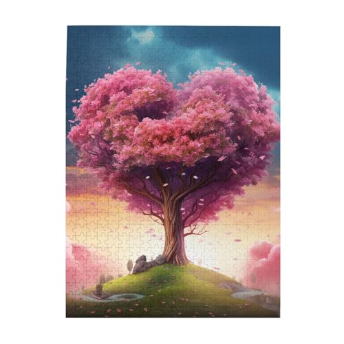 Buntes rosa Herz-Baum-Druck-Puzzle, 500-teiliges Holz-Fotopuzzle, personalisiertes Puzzle für Erwachsene, Familienspiel, 38 x 52 cm von ZaKhs