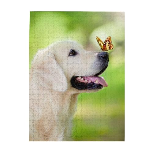 Golden Retriever Hund mit Schmetterlingsdruck, Puzzle, 500 Teile, Holz-Fotopuzzle, personalisiertes Puzzle für Erwachsene, Familienspiel, 38 x 52 cm von ZaKhs