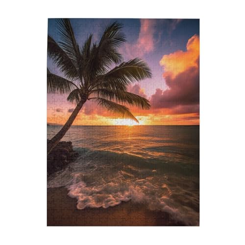 Palmen-Puzzle, Motiv: Sonnenuntergang, Strand, 500 Teile, Holz-Fotopuzzle, personalisiertes Puzzle für Erwachsene, Familienspiel, 38 x 52 cm von ZaKhs