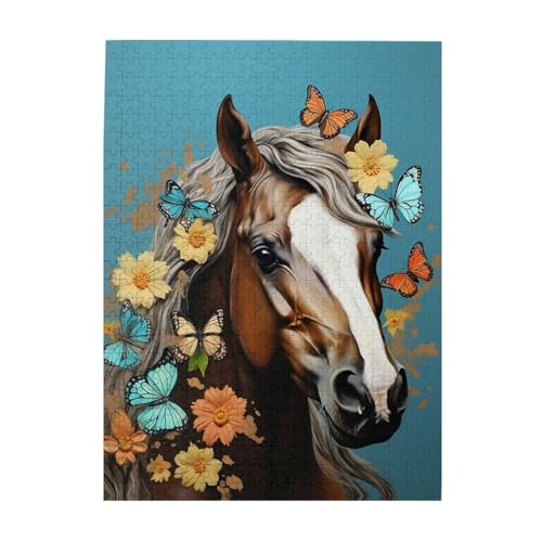 Puzzle mit Pferd mit Schmetterling auf Kopf, 500 Teile, Holz-Fotopuzzle, personalisiertes Puzzle für Erwachsene, Familienspiel, 38 x 52 cm von ZaKhs