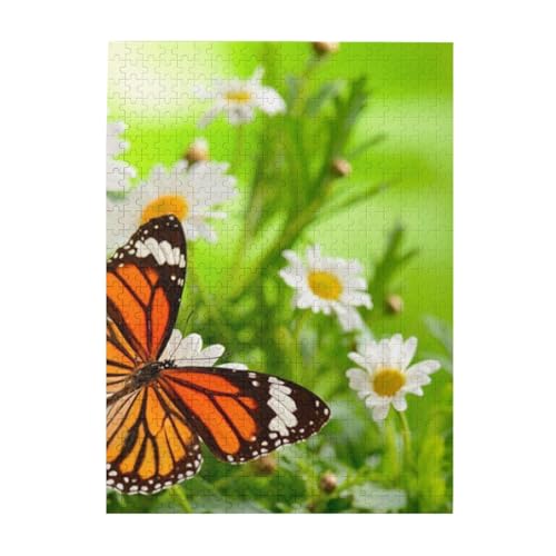 Puzzle mit Schmetterling auf Gänseblümchen, 500 Teile, Holz-Fotopuzzle, personalisiertes Puzzle für Erwachsene, Familienspiel, 38 x 52 cm von ZaKhs
