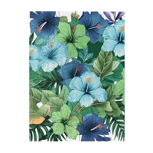 Puzzle mit grünen und blauen Hibiskusblumen, 500 Teile, Holz-Fotopuzzle, personalisiertes Puzzle für Erwachsene, Familienspiel, 38 x 52 cm von ZaKhs