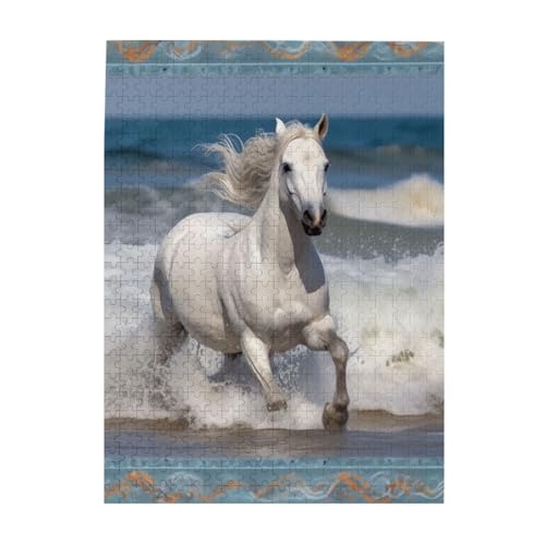 Weißes Pferd, das auf dem Meer läuft, Druck-Puzzle, 500 Teile, Holz-Fotopuzzle, personalisiertes Puzzle für Erwachsene, Familienspiel, 38 x 52 cm von ZaKhs