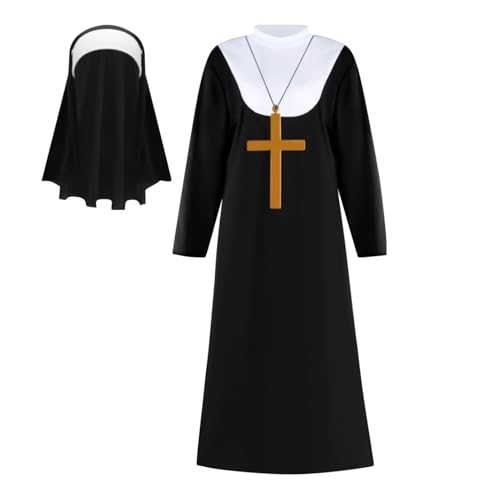 Zahoken Nonnenkostüm Damen | Kreuz Anhänger Halskette Kopfschmuck Outfit - Party Nonnen Kopfschmuck Set,Für Frauen Erwachsene Halloween Party Kirche Weihnachten Religiöses Fest Foto Requisite Cosplay von Zahoken