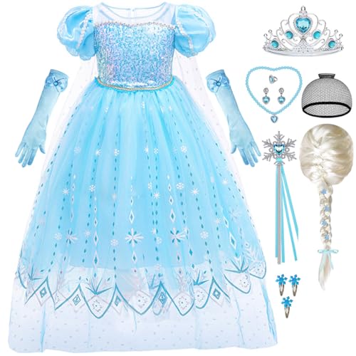 ZaisuiFun Elsa Kostüm Mädchen Eiskönigin Blau Eisprinzessin Kleid Schneekönigin Verkleidung Kinder Tüll Kurzarm Fasching Party mit Zubehör Geburtstag Karneval Halloween, 128-134(Etikett 130) von ZaisuiFun