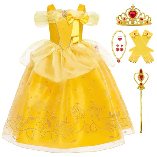 ZaisuiFun Mädchen Belle Prinzessin Kostüm Dornröschen Kleid die Schöne und das Biest Kleider Kinder für Geburtstag Fasching Karneval Halloween, 104-110(Etikett 110) von ZaisuiFun