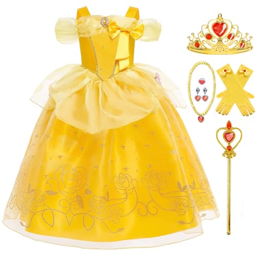 ZaisuiFun Mädchen Belle Prinzessin Kostüm Dornröschen Kleid die Schöne und das Biest Kleider Kinder für Geburtstag Fasching Karneval Halloween, 104-110(Etikett 110) von ZaisuiFun